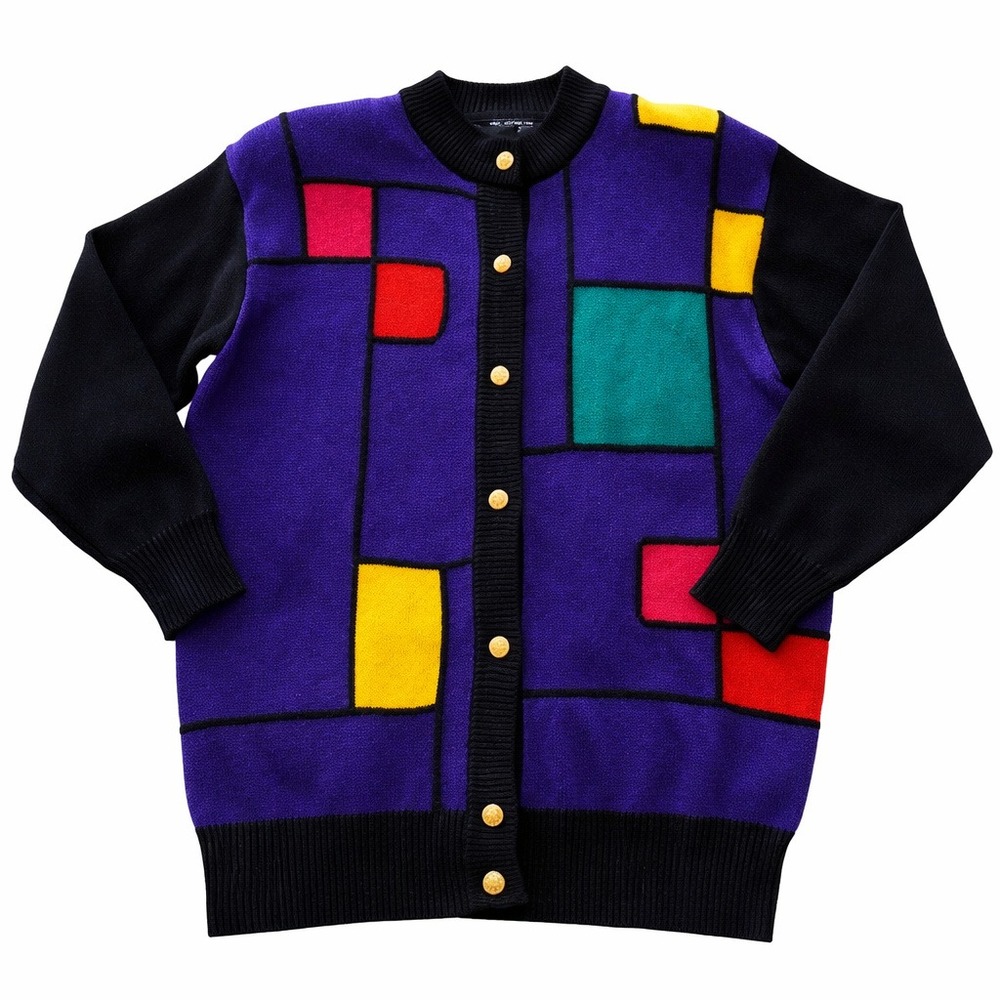 Vintage 80s Colorblock Geometric Wool Blend Cardigan Sweater Gold Buttons Size M